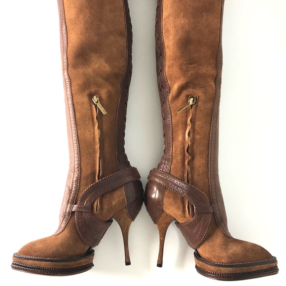 Christian Dior Retro Vintage Intrigante Thigh High Brown Harness Heeled Boots 35 - Picture 3 of 12